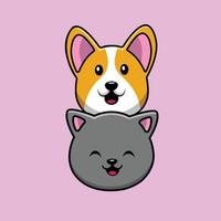 chat mignon et illustration d'icône de vecteur de dessin animé chien corgi. animal icône concept vecteur premium isolé. style de dessin animé plat