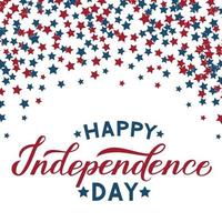 lettrage de calligraphie joyeux jour de l'indépendance. 4 juillet américain rétro fond patriotique rouge bleu étoiles confettis. modèle vectoriel facile à modifier pour la conception de logo, bannière, carte de voeux, flyer.