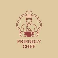 mascotte de chef sympathique tenant une icône de logo de soupe dessin animé dans un style culinaire légendaire vintage monoline vecteur