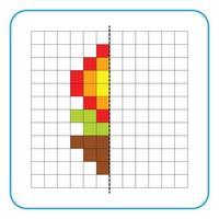 jeu éducatif de réflexion d'image pour les enfants. apprendre à remplir des feuilles de travail sur la symétrie pour les activités préscolaires. pages de grille à colorier, perception visuelle et pixel art. terminer la plante à fleurs dans le pot. vecteur