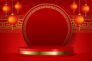 Illustration 3d du podium avec lanterne chinoise sur le concept de joyeux nouvel an chinois vecteur