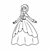 jolie princesse en robe duveteuse. belle fille dans le style doodle. dessin de poupée pour fille. vecteur