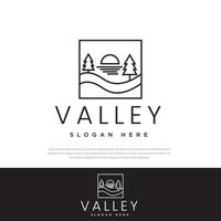 logo simple stylisé ligne mince vallée, arbre, soleil, rivière, symbole, icône, modèle de conception vecteur