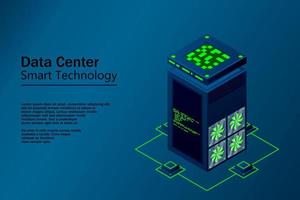 centre de données avec racks de serveurs isométriques. équipement de réseau Internet, technologie intelligente, signe de base de données cloud, illustration vectorielle de technologie informatique. vecteur