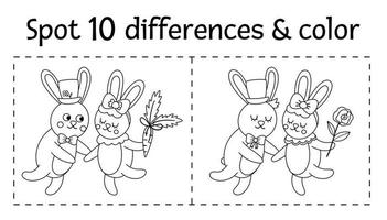 saint valentin trouver un jeu de différences pour les enfants. activité éducative de vacances en noir et blanc et page de coloriage avec un drôle de couple de lapins. feuille de travail imprimable avec une paire d'animaux mignons vecteur