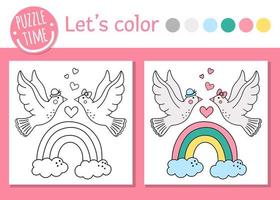 Saint Valentin coloriage pour les enfants. scène amusante avec des colombes, arc-en-ciel, coeurs. illustration vectorielle de contour de vacances avec des oiseaux mignons. livre de couleurs avec pour les enfants avec exemple coloré vecteur