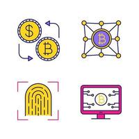 Jeu d'icônes de couleur de crypto-monnaie bitcoin. numérisation d'empreintes digitales, logiciel de crypto-monnaie, change de devises, réseau bitcoin. illustrations vectorielles isolées vecteur