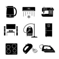 Ensemble d'icônes de glyphe d'appareils ménagers. lave-vaisselle, horloge numérique, grille-pain, radiateur, aspirateur, ventilateur au sol, four micro-ondes, satellite, cuisinière. symboles de silhouette. illustration vectorielle isolée vecteur