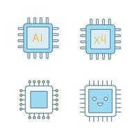 ensemble d'icônes de couleur de processeurs. puce, circuit intégré pour système d'IA, microprocesseur souriant, processeur quad core. illustrations vectorielles isolées vecteur