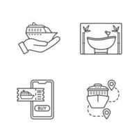 jeu d'icônes linéaires de croisière. agence de voyage. voyage d'été. service de croisière, salon de spa, itinéraire de voyage, achat de billets en ligne. symboles de contour de ligne mince. illustrations de contour de vecteur isolé. trait modifiable