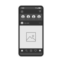 modèle vectoriel de page de smartphone de médias sociaux. disposition de conception noire de l'interface de l'application mobile. écran de contenu photo. interface utilisateur plate pour l'application de messagerie. affichage du téléphone avec publication sur les réseaux sociaux