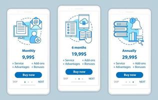 bibliothèque numérique intégrant des écrans d'applications mobiles avec les prix des services. modèles de pages de site Web pas à pas. Étapes des plans tarifaires de la bibliothèque électronique. les coûts des livres électroniques. mise en page de la page Web du smartphone de paiement vecteur