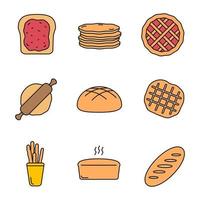 icône de couleur de boulangerie. toast, crêpes, tarte, rouleau à pâtisserie, pain de seigle, gaufre belge, grissini, pain de brique. illustration vectorielle isolée vecteur