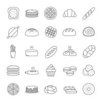 Ensemble d'icônes linéaires de boulangerie. Pâtisserie. confiserie. pain, brioches, biscuits, macaron, crêpes. symboles de contour de ligne mince. illustrations de contour de vecteur isolé