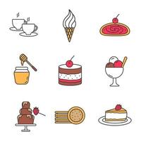 ensemble d'icônes de couleur de confiserie. boisson chaude, glace, strudel, pot de miel, tiramisu, fontaine de chocolat, biscuits sandwich, cheesecake. illustrations vectorielles isolées vecteur