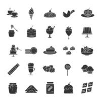 ensemble d'icônes de glyphe de confiserie. symboles de silhouette. menu du café. bonbons, gâteaux, boissons chaudes, desserts. illustration vectorielle isolée vecteur