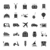 Ensemble d'icônes de glyphe de transport public. symboles de silhouette. véhicules nautiques, terrestres et aériens. les modes de transport. illustration vectorielle isolée vecteur