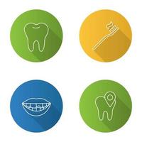 ensemble d'icônes plat linéaire grandissime de dentisterie. stomatologie. dent saine, emplacement de la clinique dentaire, dent cassée, brosse à dents et dentifrice. illustration de contour de vecteur