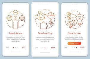 modèle vectoriel d'écran de page d'application mobile d'intégration de résolution éthique. dilemme éthique, décision morale. Procédure pas à pas du site Web avec des illustrations linéaires. concept d'interface de smartphone ux, ui, gui