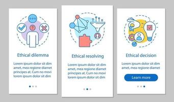 modèle vectoriel d'écran de page d'application mobile d'intégration de résolution éthique. dilemme éthique, décision morale. Procédure pas à pas du site Web avec des illustrations linéaires. concept d'interface de smartphone ux, ui, gui