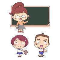 personnage de dessin animé d'enfants et d'enseignants de retour à l'école. vecteur