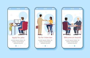 modèle vectoriel d'écran d'application mobile pour la recherche d'emploi. postuler à un emploi, passer un entretien, bienvenue à bord. Procédure pas à pas du site Web avec des caractères plats. interface de dessin animé pour smartphone ux, ui, gui