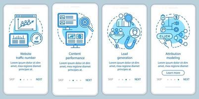 le marketing numérique bénéficie d'un modèle vectoriel d'écran de page d'application mobile d'intégration bleue. Étapes du site Web pas à pas pour la croissance du trafic du site Web avec des illustrations linéaires. concept d'interface de smartphone ux, ui, gui