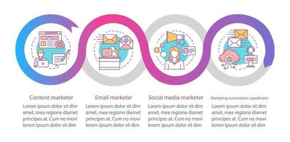 modèle d'infographie vectorielle de spécialité marketing numérique. éléments de conception de présentation d'entreprise. visualisation des données avec quatre options. chronologie du processus. disposition du flux de travail avec des icônes linéaires vecteur