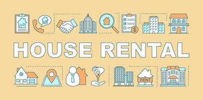 bannière de concepts de mot de location de maison. prestations d'agence immobilière. Présentation des offres de location immobilière, site internet. idée de typographie de lettrage isolé avec des icônes linéaires. illustration de contour de vecteur
