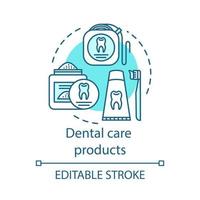 icône de concept de produits de soins dentaires. prévention des caries. dentifrice, poudre dentifrice, fil dentaire. illustration de la ligne mince de l'idée de routine d'hygiène buccale. dessin de contour isolé de vecteur. trait modifiable vecteur