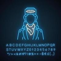icône de néon de l'hôtesse de l'air. hôtesse de l'air. équipe d'avion. l'équipage de l'air. ouvrier d'avion. uniforme de jet. personnel des services aéronautiques. signe lumineux avec alphabet, chiffres et symboles. illustration vectorielle isolée vecteur