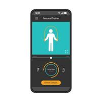 modèle vectoriel d'interface de smartphone d'application de suivi sportif. fitness mobile, mise en page de conception noire de la page d'application d'entraînement. écran d'entraîneur personnel. interface utilisateur plate. affichage du téléphone avec exercice de saut