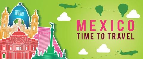 bannière verte du mexique célèbre silhouette de style coloré, avion et ballon volent avec des nuages vecteur
