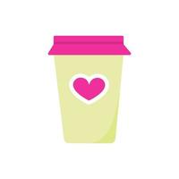 Tasse à café en papier jaune avec coeur rose - illustration vectorielle autocollant vecteur