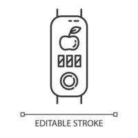 tracker de fitness avec icône linéaire de compteur de calories. appareil de bien-être avec surveillance nutritionnelle, option de notification de repas. illustration de la ligne mince. dessin de contour isolé de vecteur. trait modifiable vecteur