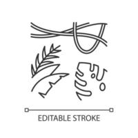 icône de lumière linéaire de plantes de forêt tropicale. vignes forestières à feuilles persistantes. usine de fromage suisse et lianes. nature indonésienne. illustration de la ligne mince. symbole de contour. dessin de contour isolé de vecteur. trait modifiable vecteur