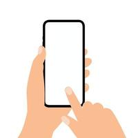 main tenant un téléphone intelligent mobile et touchez sur un écran vide. fond blanc isolé,
