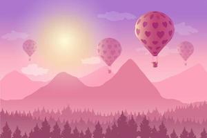 illustration vectorielle de paysage avec montgolfière au-dessus des montagnes au coucher du soleil. romantique, amour, concept de la Saint-Valentin. vecteur