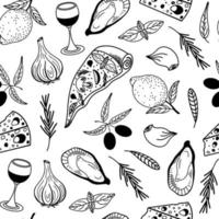 modèle vectorielle continue de cuisine méditerranéenne. illustration dessinée à la main. ingrédients pour les plats italiens - pizza, olives, ail, citron, fromage. croquis à base de plantes - romarin, thym, basilic. monochrome vecteur