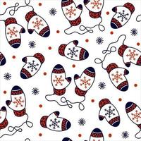 modèle vectoriel continu de mitaines chaudes tricotées. concept confortable dessiné à la main. gants de dessin animé mignon, flocons de neige gracieux sur fond blanc. modèle festif pour la décoration, conception de cartes, textiles.