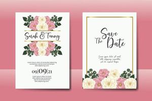 ensemble de cadre d'invitation de mariage, modèle de carte d'invitation de conception de fleur rose dessiné à la main numérique aquarelle florale vecteur