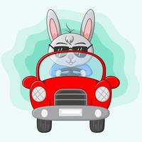 dessin animé mignon de lapin conduisant une voiture vecteur