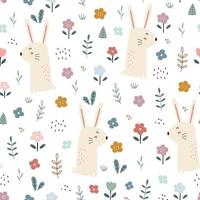 lapin avec motif harmonieux de jardin fleuri fond animal de dessin animé mignon design dessiné à la main dans un style enfant, utilisé pour l'impression, le papier peint, la décoration, le textile. illustration vectorielle vecteur