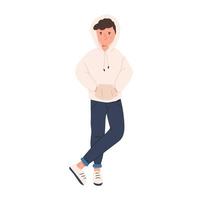 adolescent avec illustration de vecteur plat acné isolé sur fond blanc. un garçon bouleversé avec une inflammation des boutons porte un sweat à capuche et un jean.