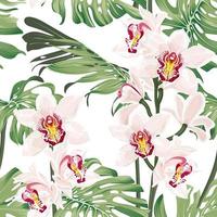feuilles de monstera avec des fleurs d'orchidée cymbidium. motif tropical sans couture avec des feuilles et des fleurs d'exotica. illustration vectorielle stock sur fond blanc. vecteur
