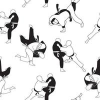 motif noir et blanc sans couture avec l'image des techniques de judo. exercices d'arts martiaux. illustration vectorielle stock sur fond blanc. vecteur