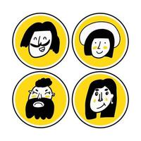 ensemble d'avatars de personnes dessinés à la main pour les médias sociaux, site Web. doodle portraits de filles et de gars à la mode. collection d'icônes à la mode. illustration vectorielle en noir et blanc sur fond jaune. vecteur