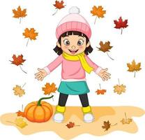 dessin animé petite fille heureuse avec des feuilles de citrouille et d'automne vecteur