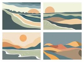 impression d'art minimaliste moderne du milieu du siècle. paysages abstraits d'arrière-plans esthétiques contemporains avec soleil, lune, mer, montagnes. illustrations vectorielles vecteur
