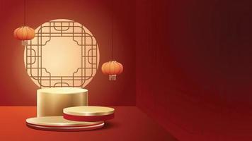 scène de maquette abstraite minimale. podium pour l'affichage des produits d'exposition. piédestal ou plate-forme de scène. fond rouge et or du nouvel an chinois. vecteur 3D